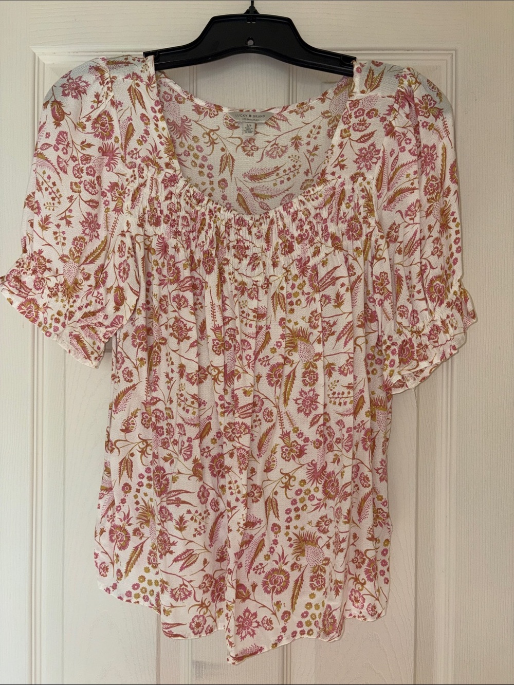 Lucky Brand White Floral Smocked Peasant Blouse with Pink Flowers